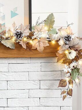 2 Fall Garland 6Ft Lighted Leaves Pumpkins Garland Mantle Home Door Table-NEW